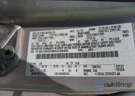 2013 Ford Escape Se z USA, uszkodzony, nr VIN 1FMCU9GX2DUC08450